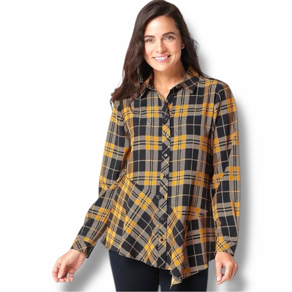 Susan Graver Liquid Knit Plaid Button Front Tunic Top Yellow Black – Size M